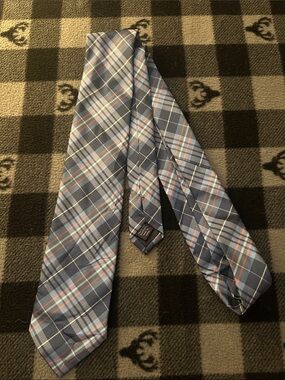 Stafford Blue Plaid Tie with Orange and Cream Accents